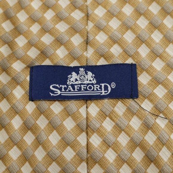 Stafford Tan Brown Plaid Print Wide Silk Tie - Picture 3 of 6